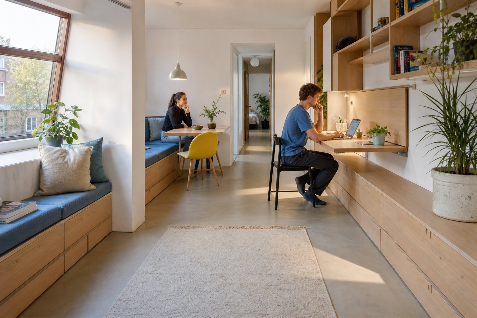 Licht compact appartement met ingebouwde vensterbank, lange opbergwand en vrije looproute